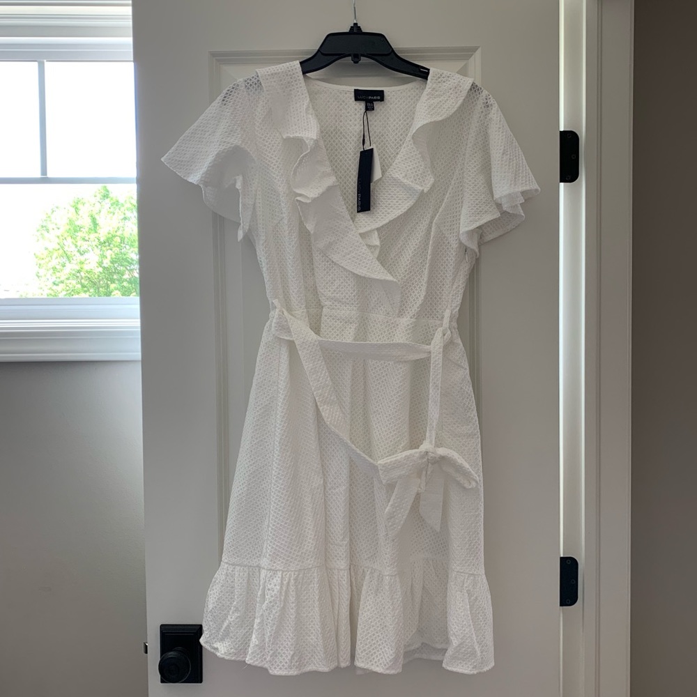 Lucy Paris Eyelet Ruffle Tie Waist Wrap Dress